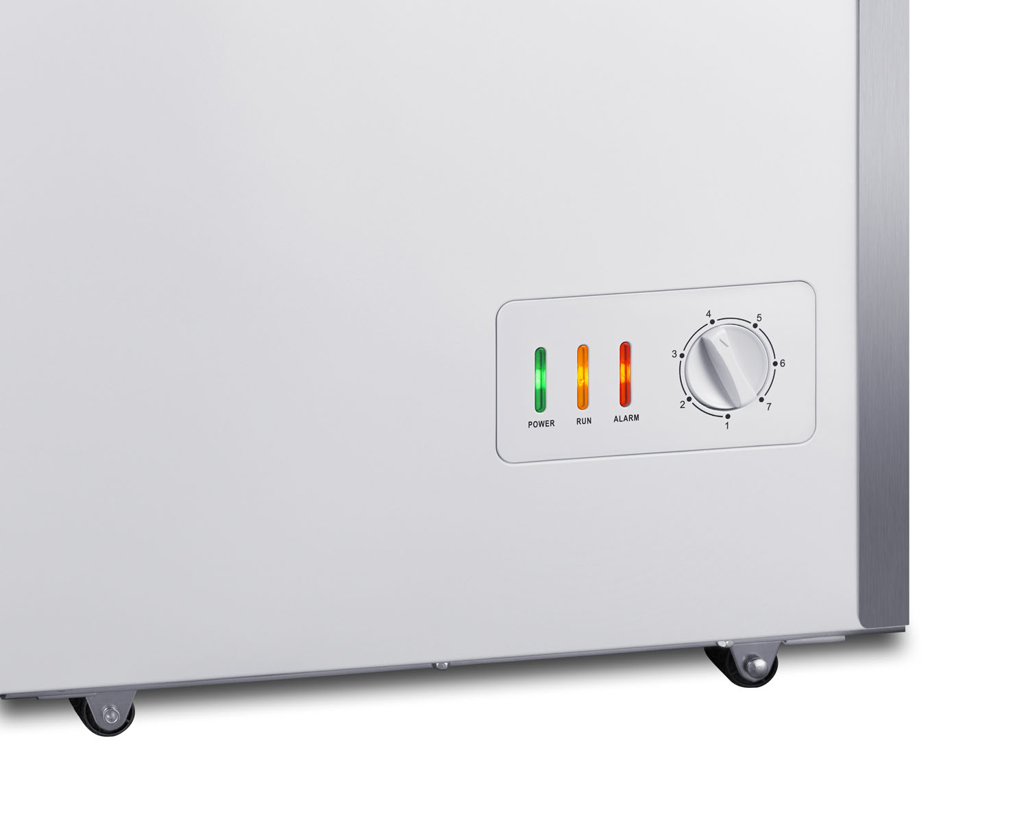Commercially listed 12.1 cu.ft. manual defrost chest freezer in white with stainless steel corner guards and lock